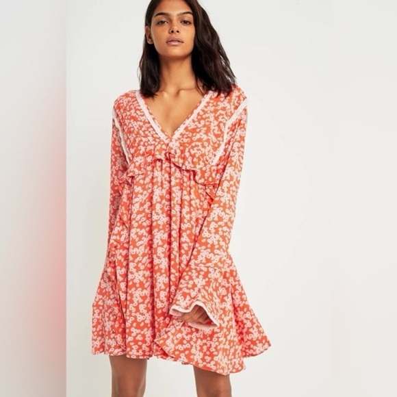 Free People Dresses & Skirts - Free People Like You Best Floral Mini Dress Coral Bell Sleeve Boho Small S